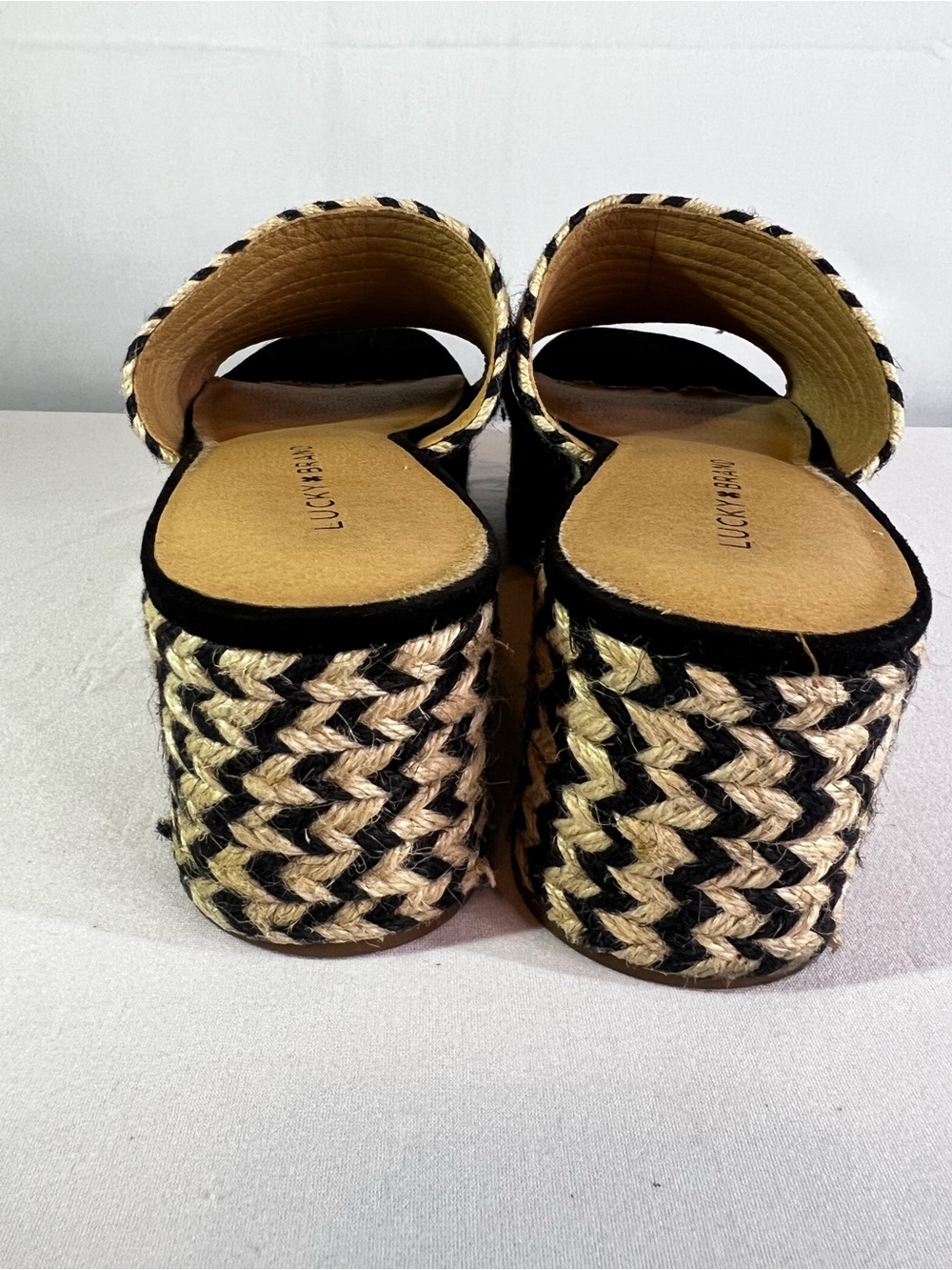 Lucky Brand Beffani Wedge Sandals Size 9 Black Cream Woven Jute Espadrille Boho - Picture 5 of 12